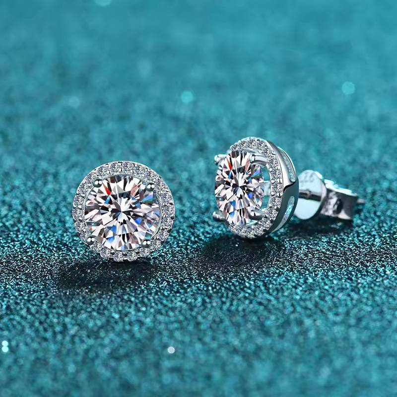 4 Ct / Pair Halo Bliss Solitaire Studs Moissanite Earrings : RoundHalo_4ct