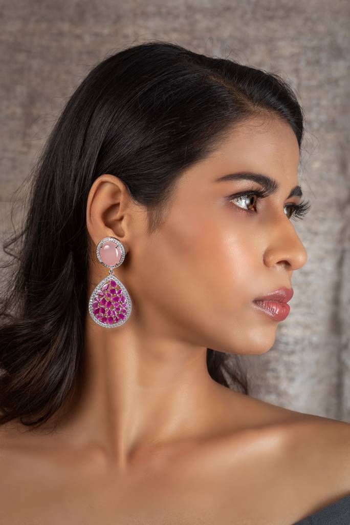 Pink Chalcedony And Red Dangler Earrings