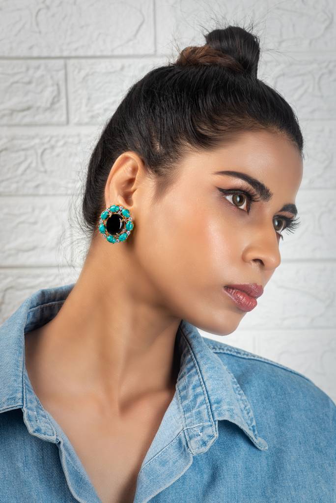 Turquoise And Black Onyx Tops Earrings