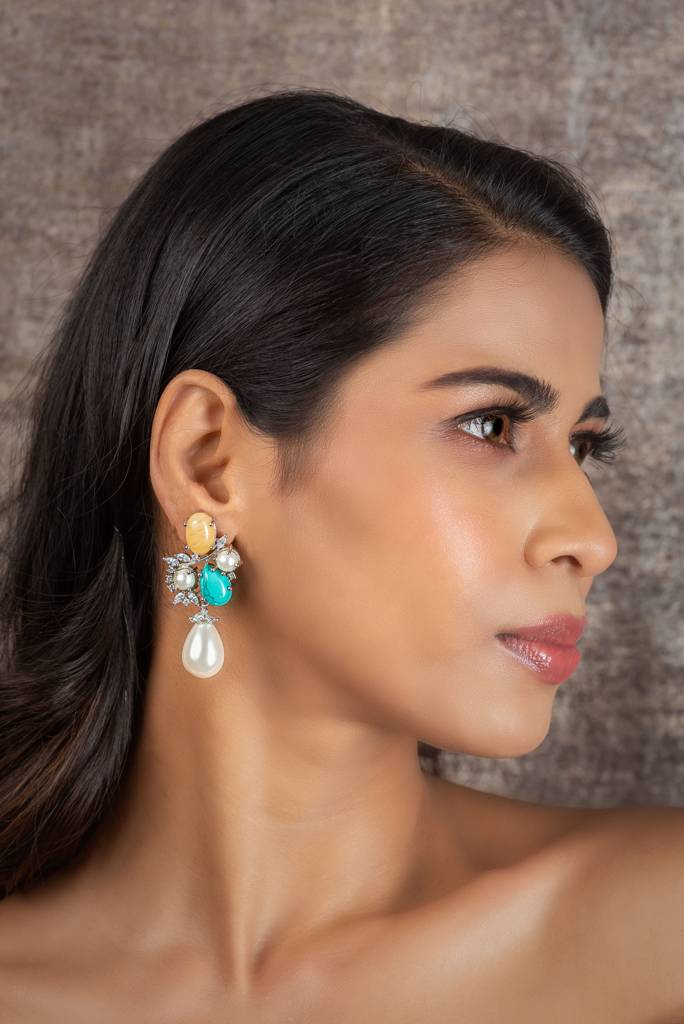 Yellow Aventurine And Turquoise With Pearl Drop Earrings