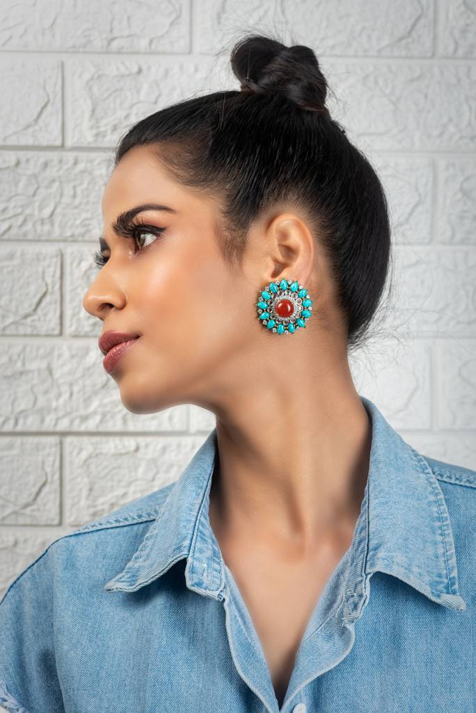 Turquoise And Red Onyx Tops Earrings