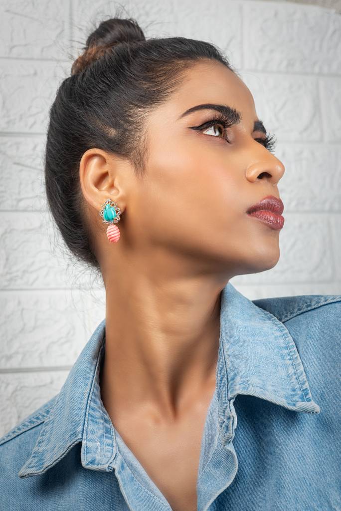Turquoise With Coral Tops Earrings