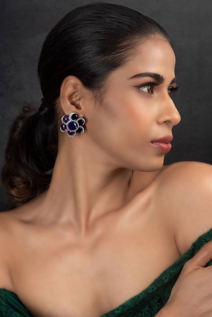 Amethyst And Zircon Flower Tops Earrings