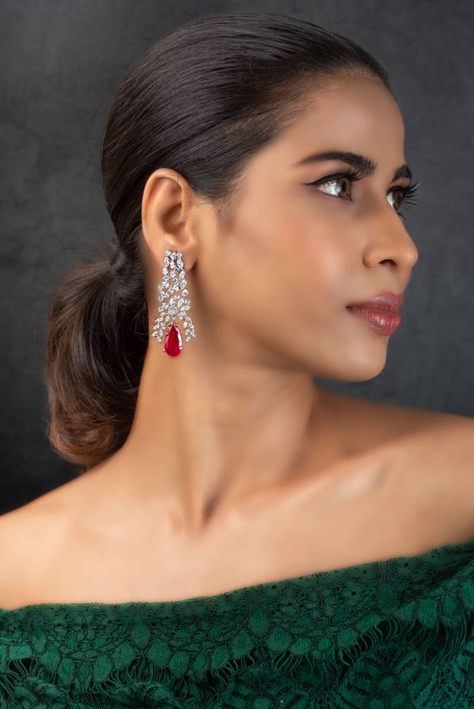 Cocktail Zircon And Red Dangler Earrings