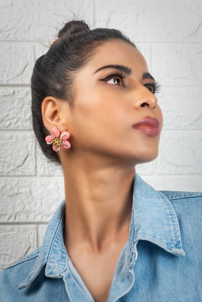 Flower Coral And Blue Tops Earrings