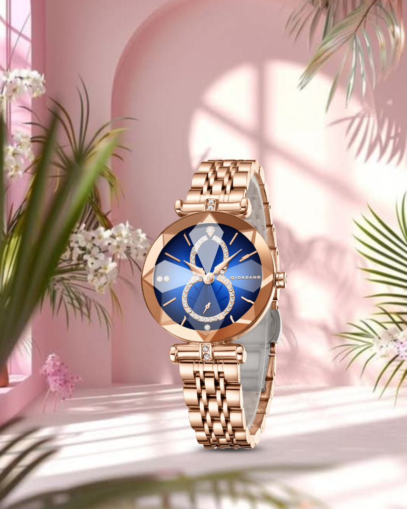 Giordano Luxury Watch For Women Â Round Diamond Cut Glass Dial, Elegant Stainless Steel Strap With Quartz Move : GZ-60092-11