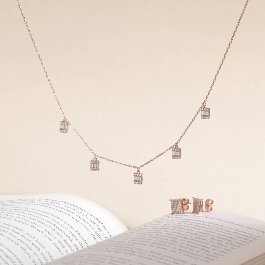 Rosetta Baguette Rose Gold Necklace In 925 Sterling Silver : IJNK078