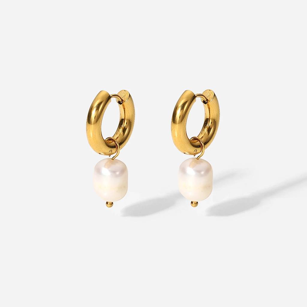 18Kt Gold Plated Stainless Steel Freshwater Pearl Drop Earrings, Mukta : INMUKTA