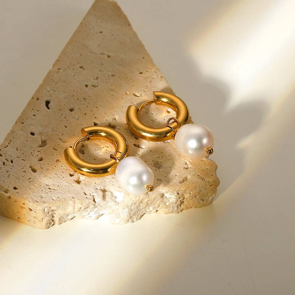 Cultured Freshwater Pearl Earrings Geometric Triangle Bar Gold-plated Silver