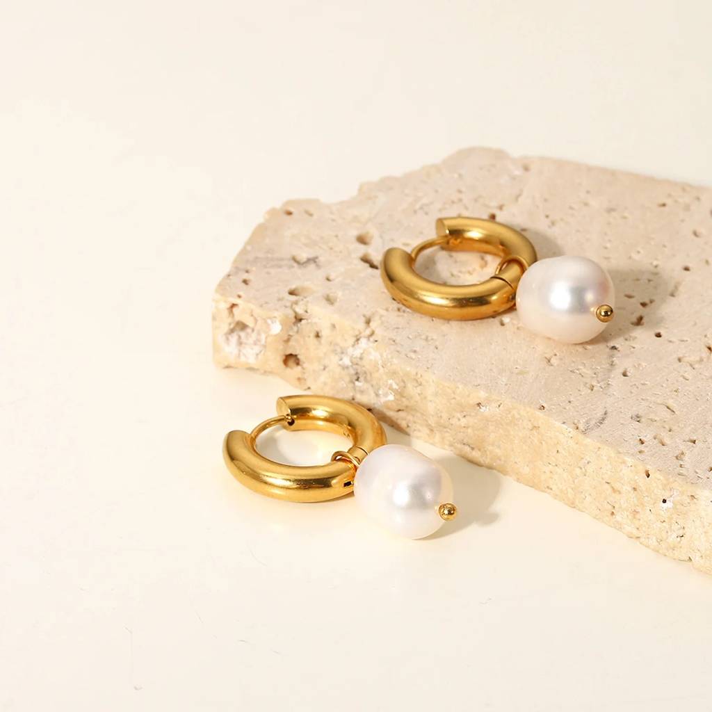 18Kt Gold Plated Stainless Steel Freshwater Pearl Drop Earrings, Mukta : INMUKTA