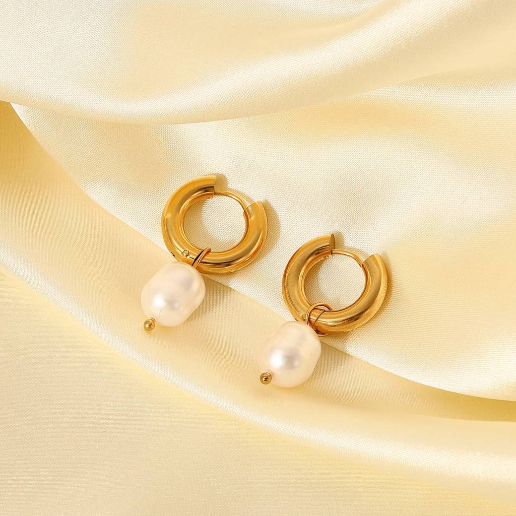 18Kt Gold Plated Stainless Steel Freshwater Pearl Drop Earrings, Mukta : INMUKTA