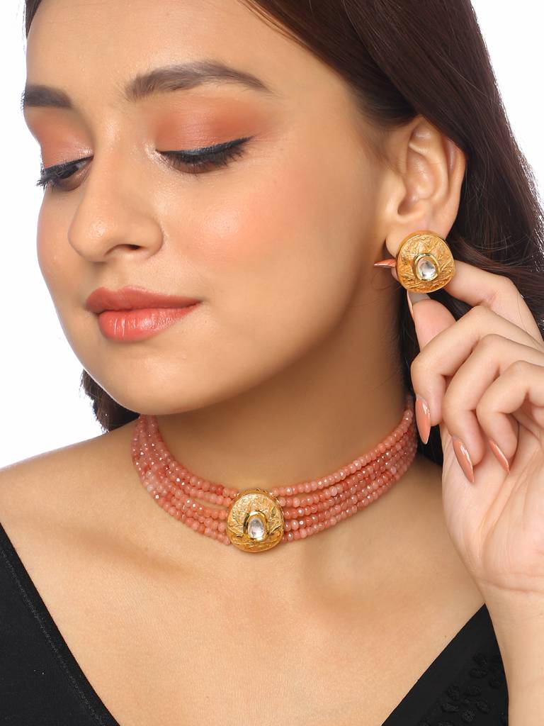 18K Gold Plated Pink Meenakari Choker Set : ABMJJS01