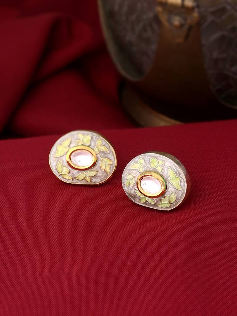 18K Gold Plated Handcrafted Meena Oval Grey Studs : ABMJE06