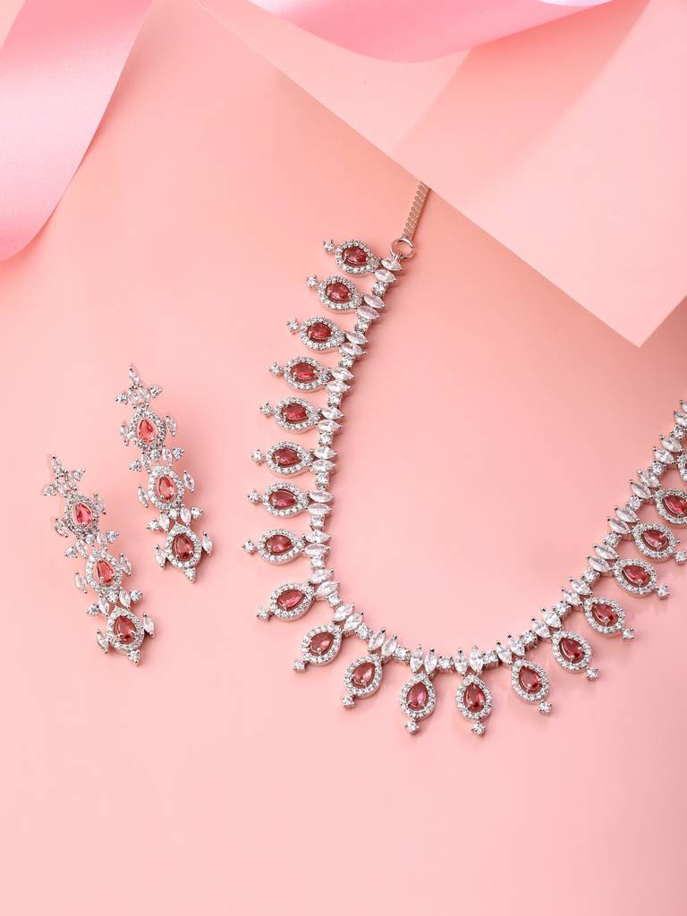 Silver Plated Ad & Red Stone Studded Sleek Jewellery Set : ABDWJS02