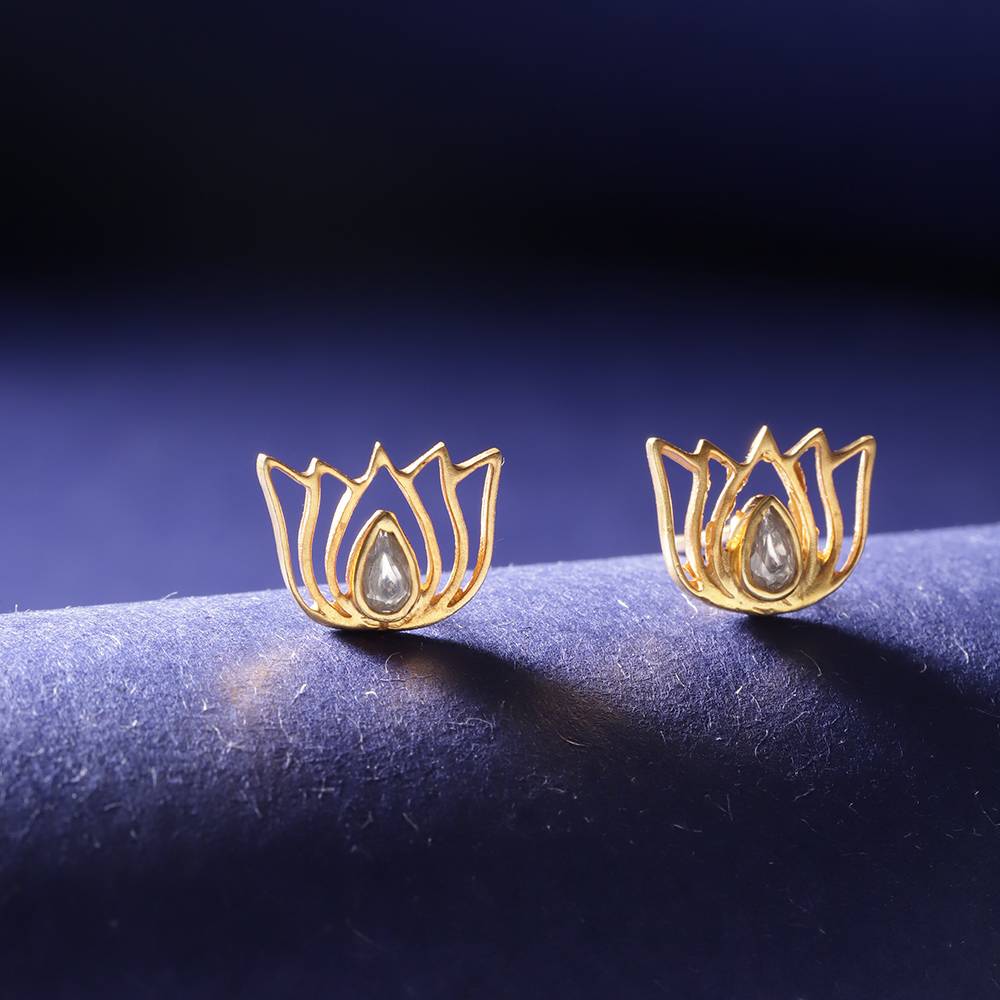 92.5 Silver White Kundan Sacred Lotus Stud Earrings : 92.5 Silver White Kundan Sacred Lotus Stud Earrings : 92.5 Silver 