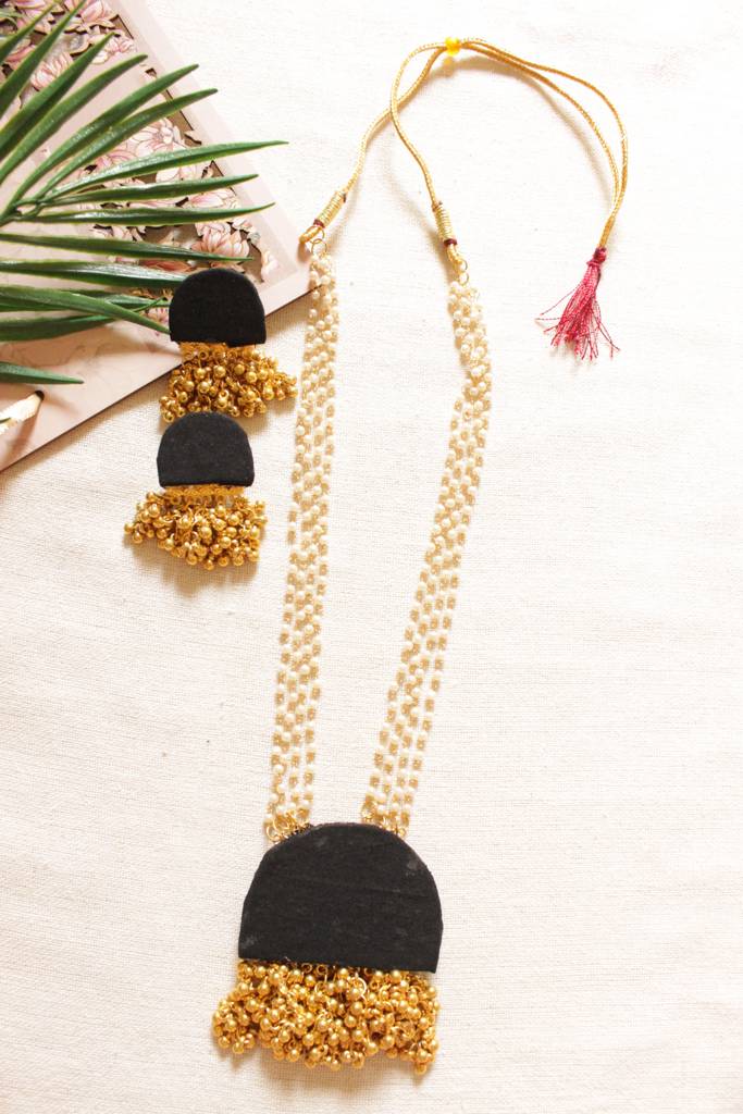Fabric Pendant White & Golden Beads Dori Closure Long Necklace Set : ALT-JEW-krishna-13