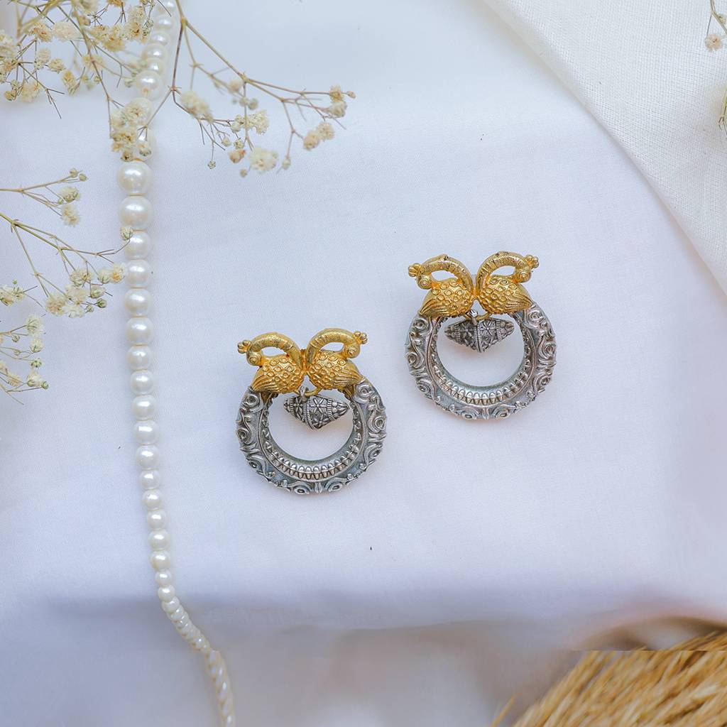 Dual Peacock Oxidized Silver-Gold Temple Earring : FW-90