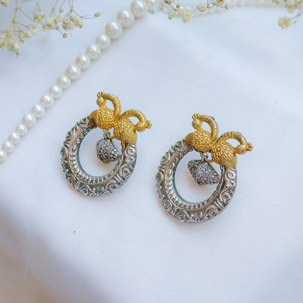 Dual Peacock Oxidized Silver-Gold Temple Earring : FW-90