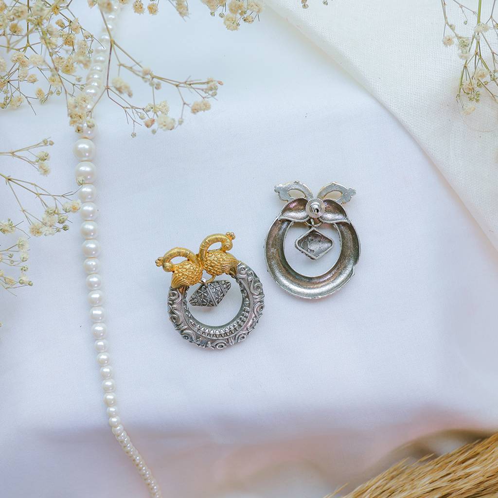 Dual Peacock Oxidized Silver-Gold Temple Earring : FW-90