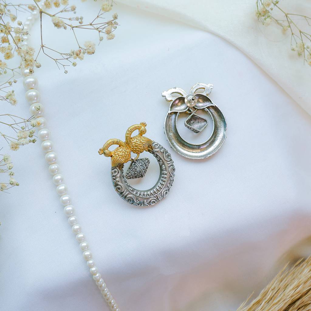 Dual Peacock Oxidized Silver-Gold Temple Earring : FW-90