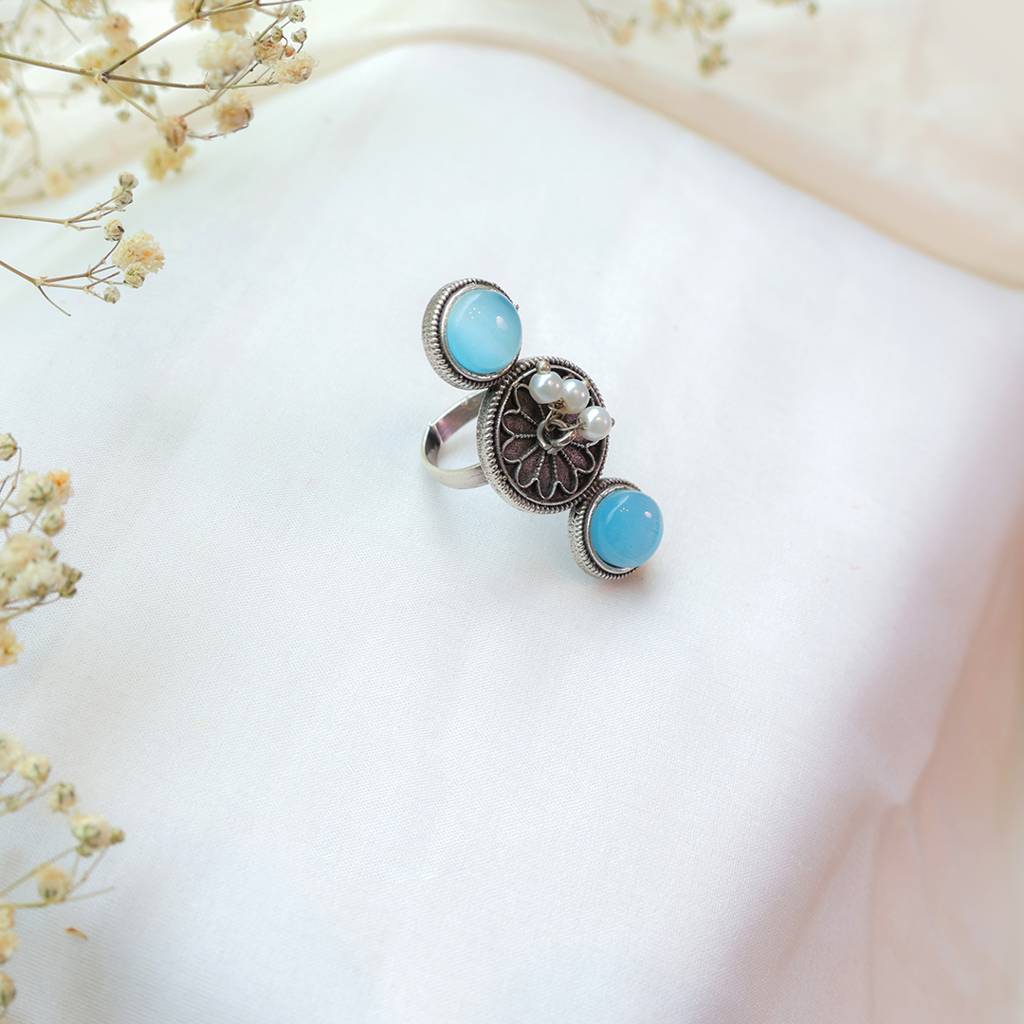 Oxidized Double Stone Ring With Sky Blue Accents And Pearls : FW-44