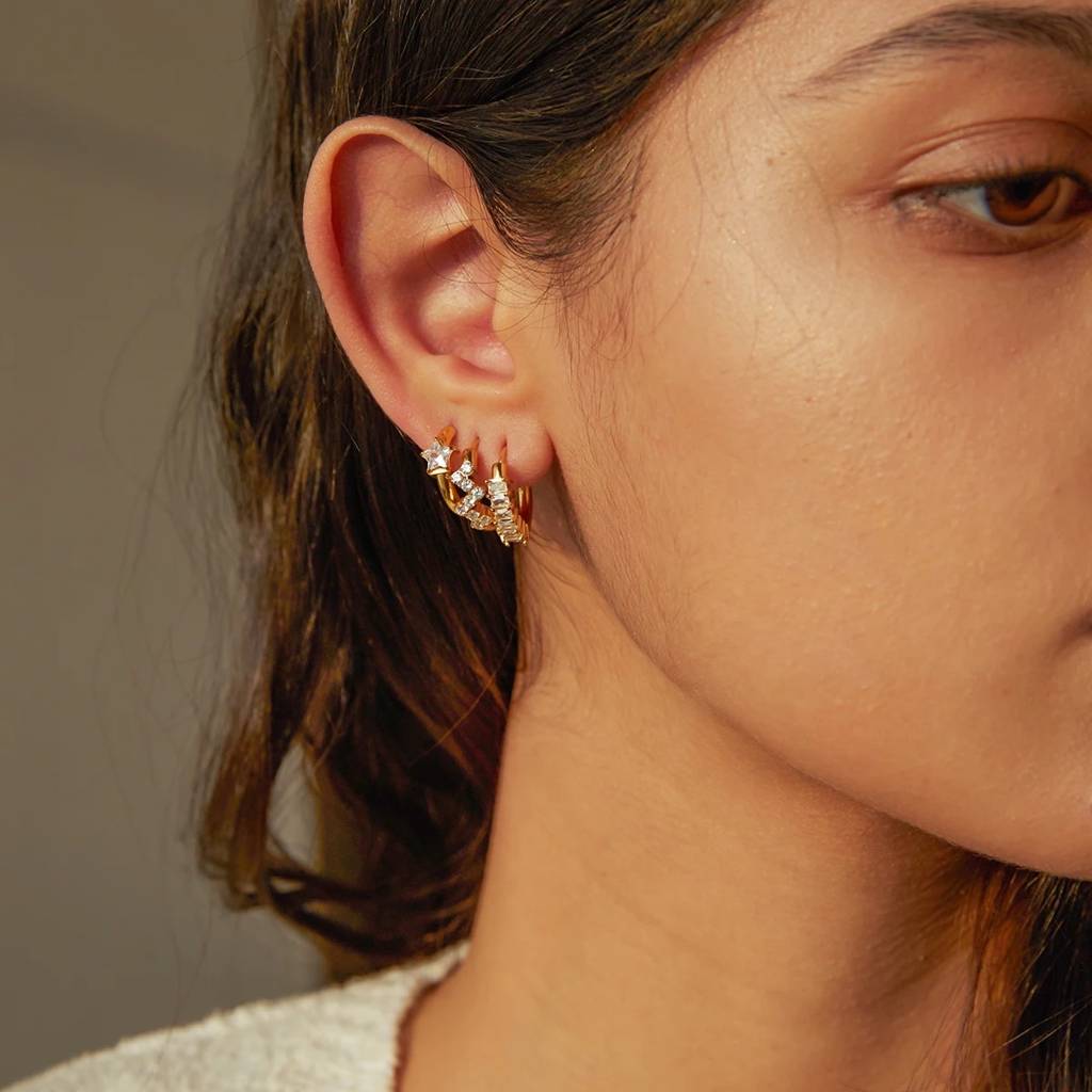 18Kt Gold Plated Demi Fine Multiple White Zircon Piercing Huggie