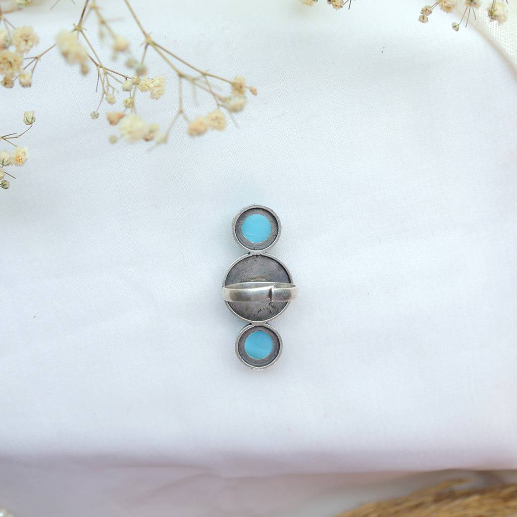 Oxidized Double Stone Ring With Sky Blue Accents And Pearls : FW-44