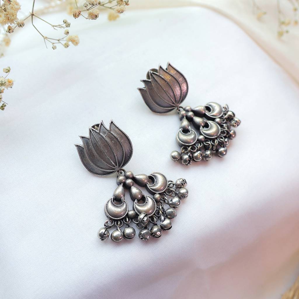 Oxidized Silver Lotus Drop Earrings Oxidized Silver Lotus Drop
