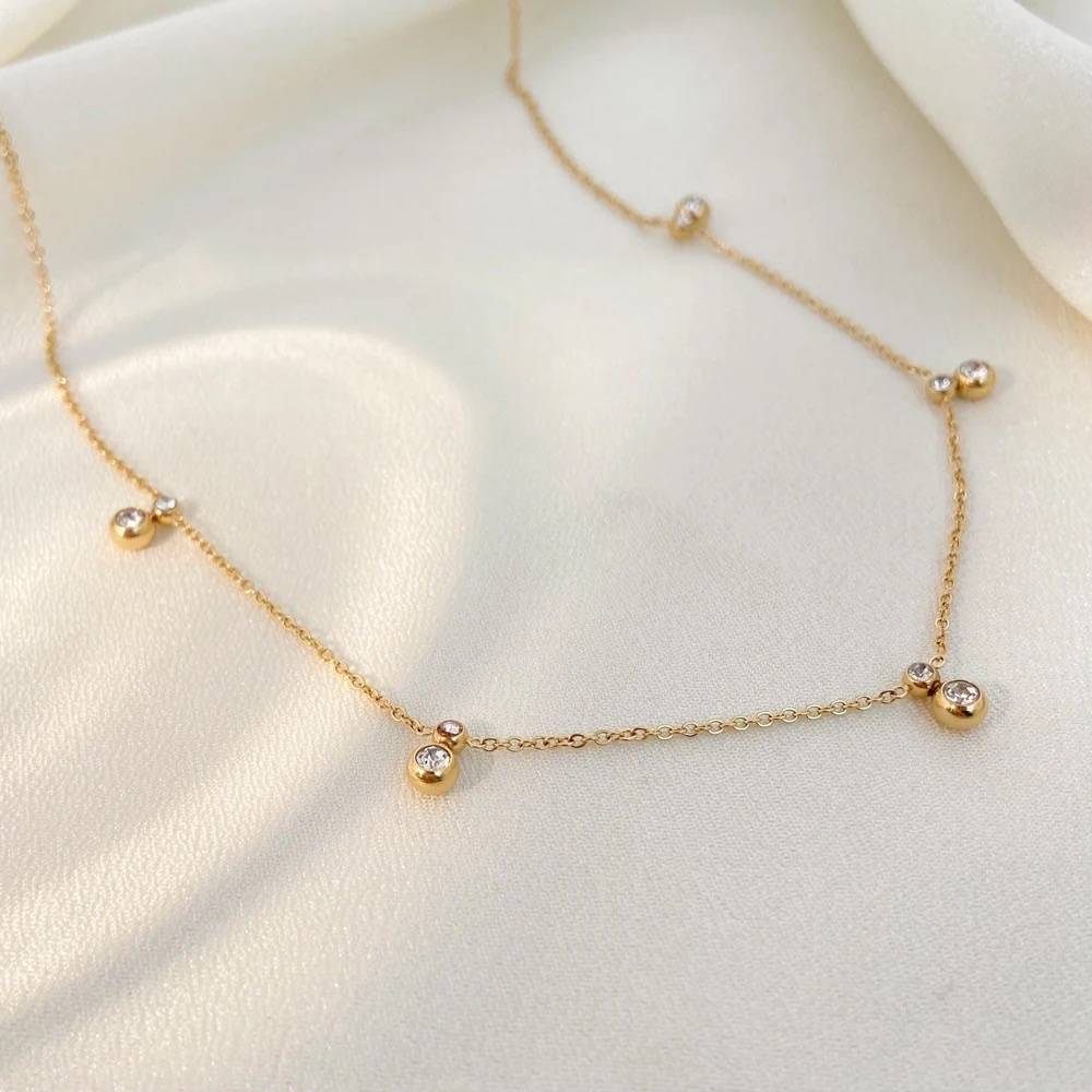 18Kt Gold Plated Demi Fine White Zircon Double Droplets Necklace, Jasmine : INJASMINE