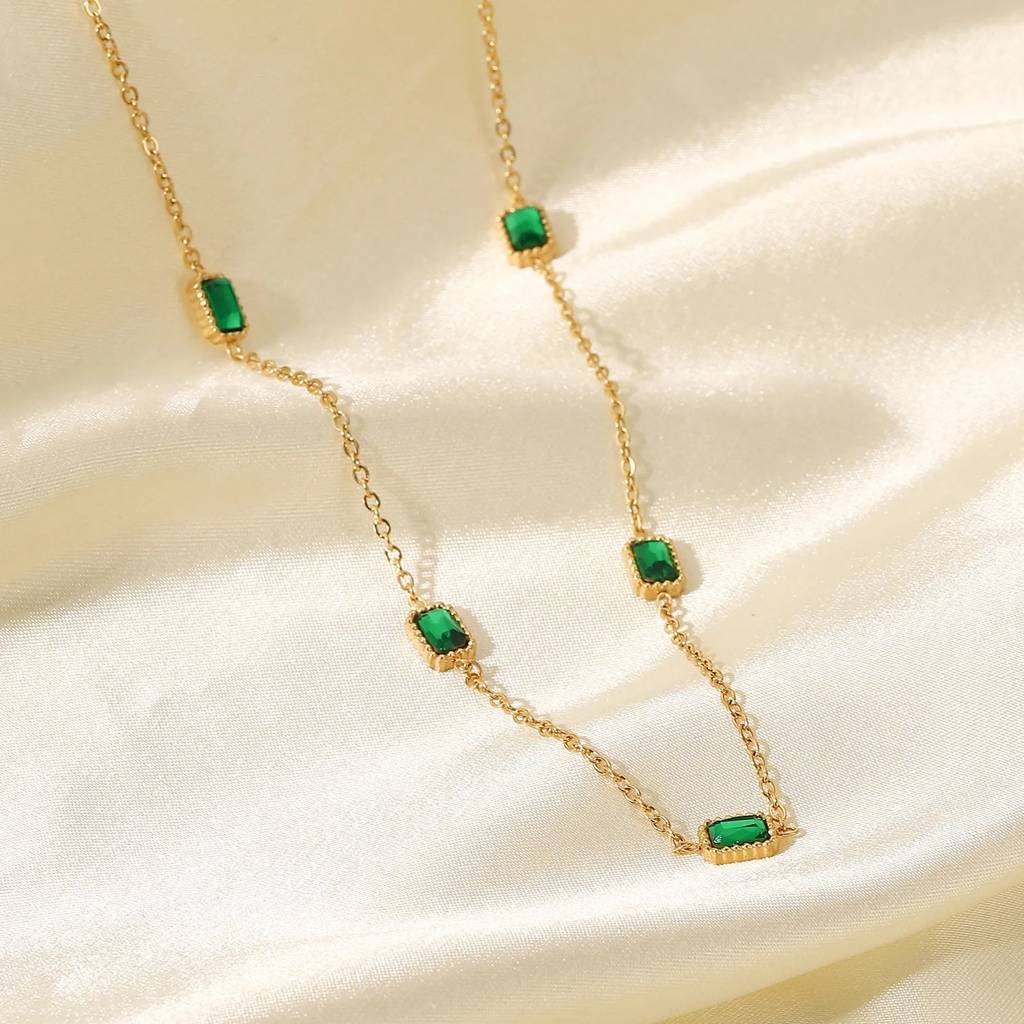 18Kt Gold Plated Rectangle Emerald Zircon Necklace, Navi : INNAVI