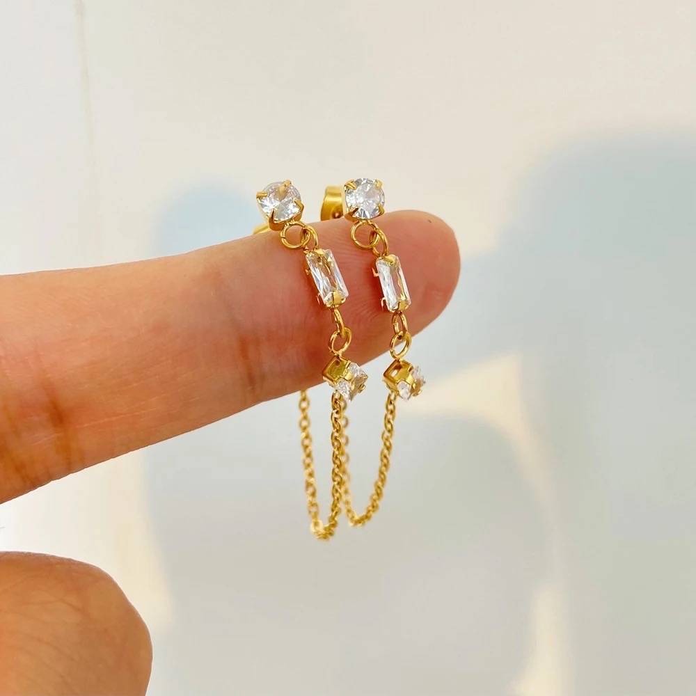 18Kt Gold Plated Demi Fine Tripple White Zircon Piercing Chain Earrings, Lacey : INLACEY