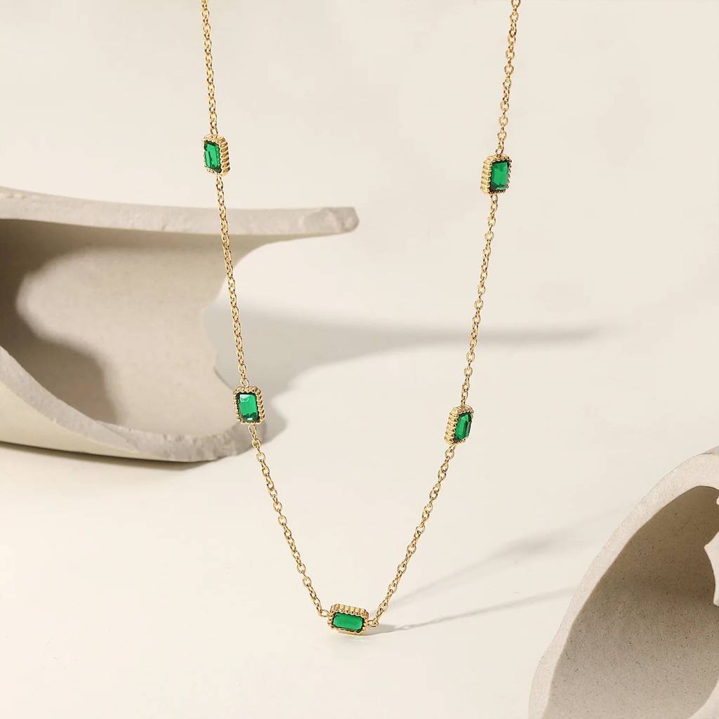 18Kt Gold Plated Rectangle Emerald Zircon Necklace, Navi : INNAVI