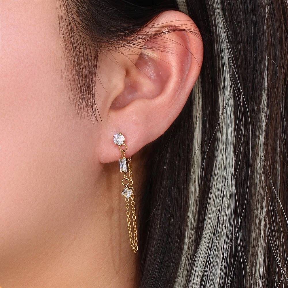 18Kt Gold Plated Demi Fine Tripple White Zircon Piercing Chain Earrings, Lacey : INLACEY