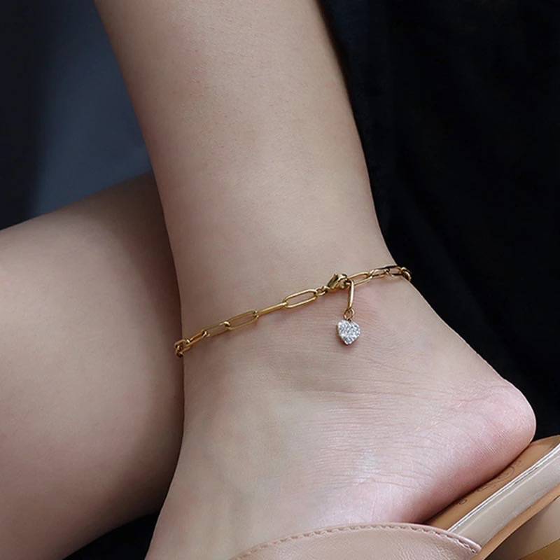 18Kt Gold Plated Paperclip Zircon Heart Droplet Demi Fine Anklet, Blake : INBLAKE