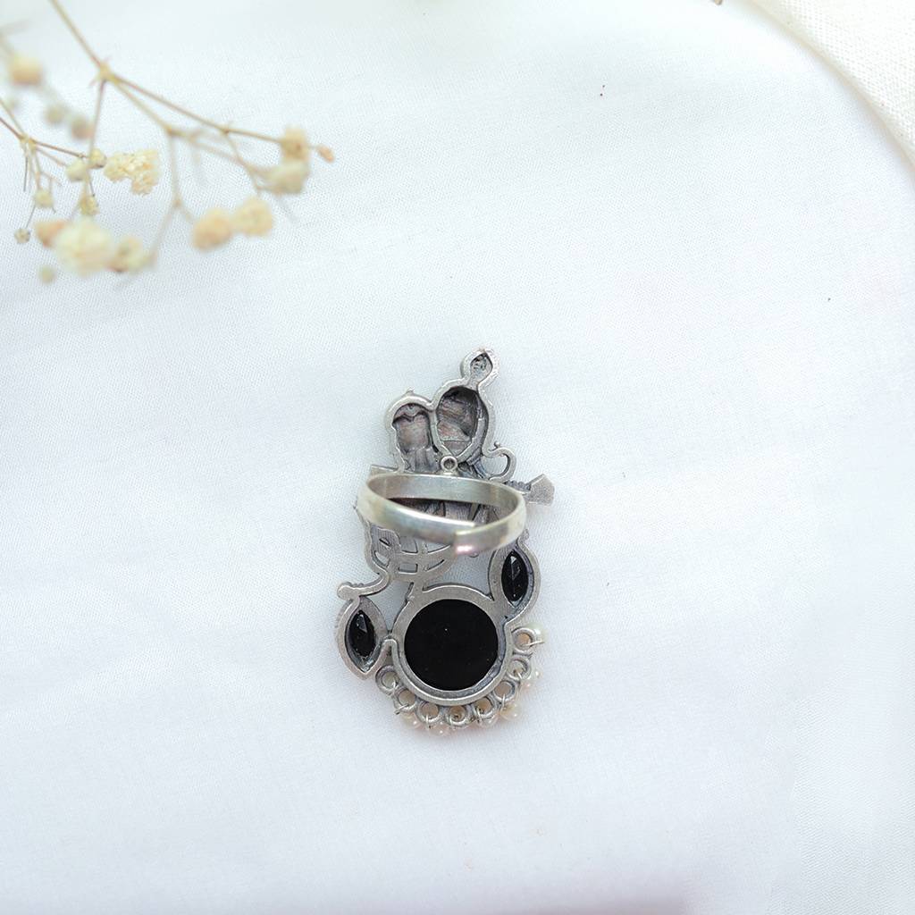 Lord Krishna Flute Design Oxidized Silver Adjustable Ring : FW-72