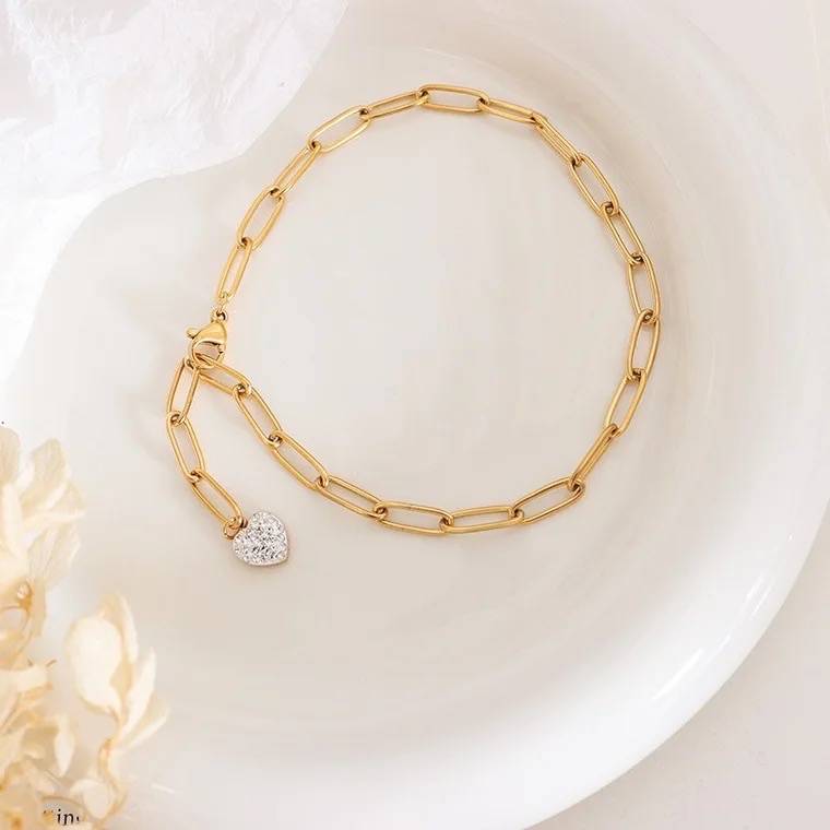 18Kt Gold Plated Paperclip Zircon Heart Droplet Demi Fine Anklet, Blake : INBLAKE