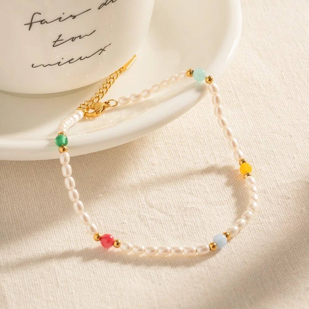 18Kt Gold Plated Natural Pearl And Glass Stone Demi Fine Anklet, Aksa : INAKSA