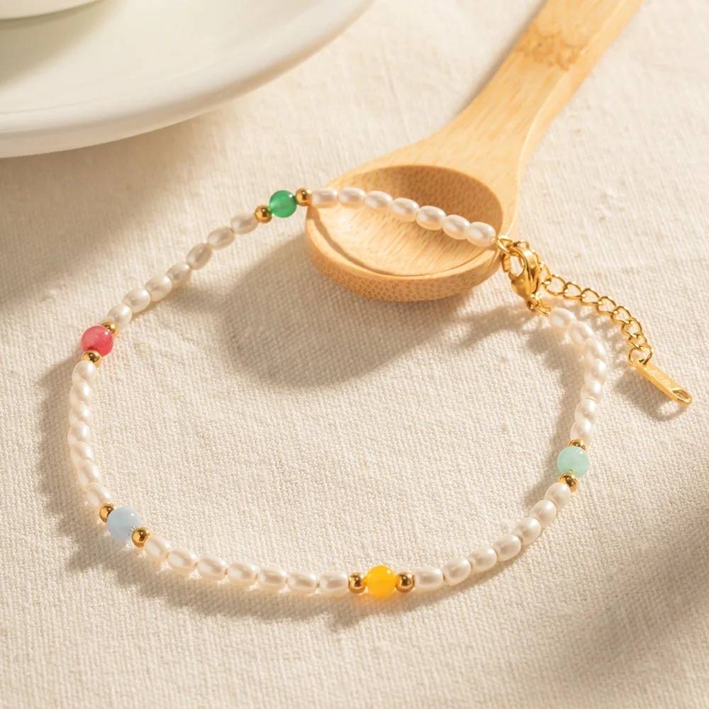 18Kt Gold Plated Natural Pearl And Glass Stone Demi Fine Anklet, Aksa : INAKSA