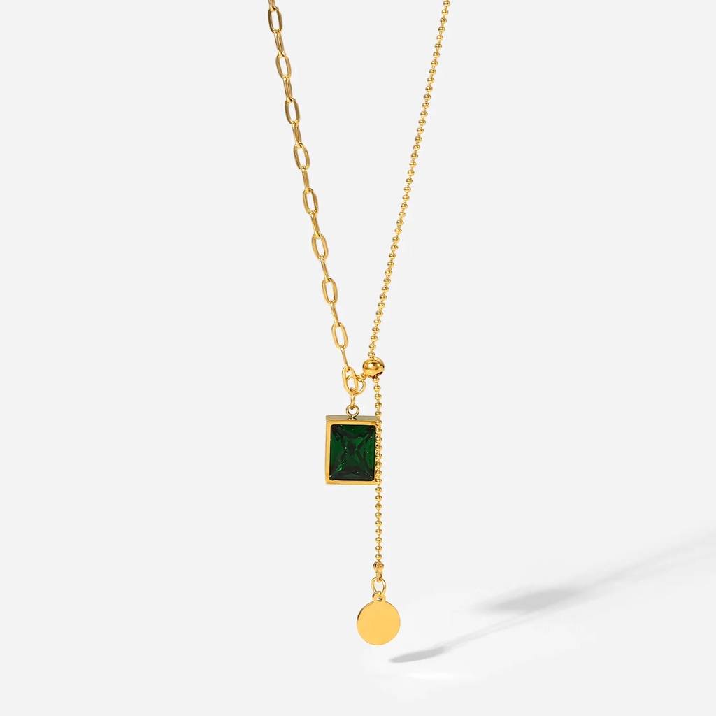 18Kt Gold Plated Emerald Link And Beaded Chain Necklace, Piya : INPIYA