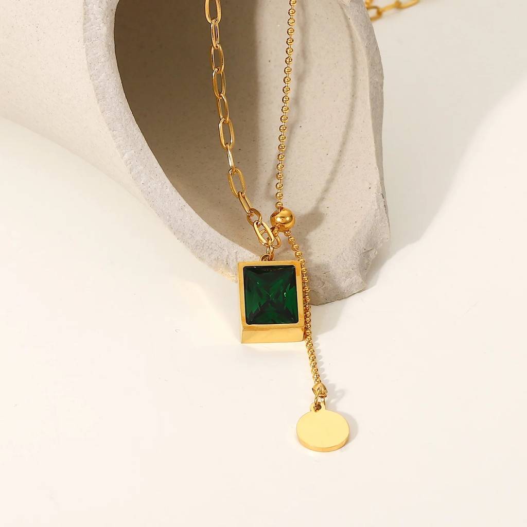 18Kt Gold Plated Emerald Link And Beaded Chain Necklace, Piya : INPIYA