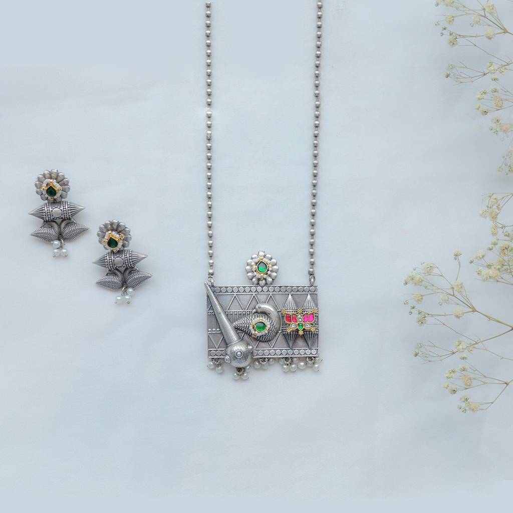 Tribal Oxidized Silver Necklace With Temple Motif : FW-478