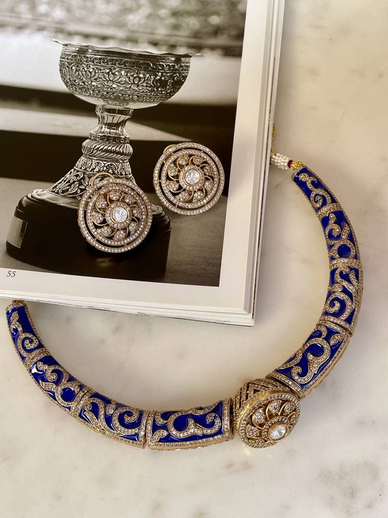 Saumya Polki Blue Meenakari Hasli : NK249