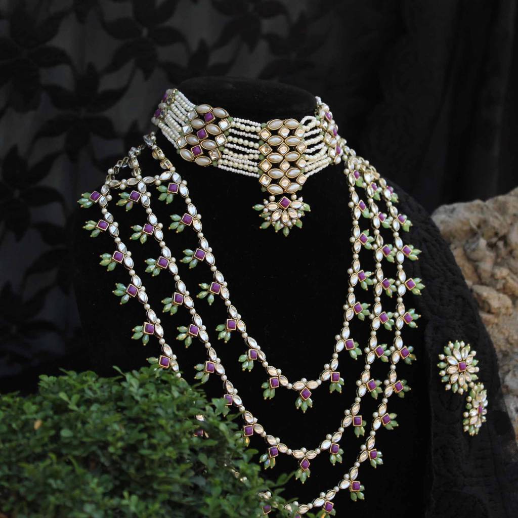 Pearl Twirl Full Set With Long Necklace, Choker, Earrings, Maangtikka, Bracelet, Ring & Waistbelt : ACFS502