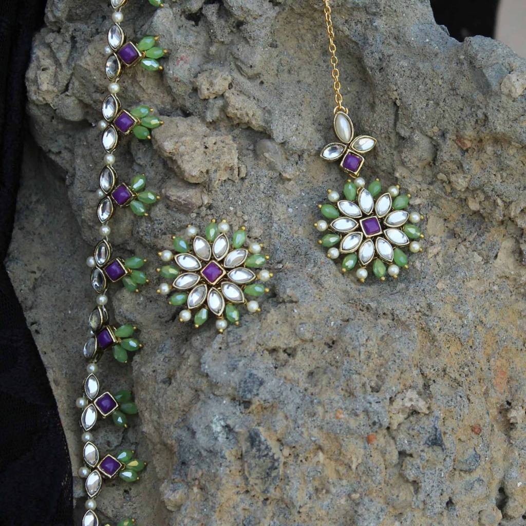 Pearl Twirl Full Set With Long Necklace, Choker, Earrings, Maangtikka, Bracelet, Ring & Waistbelt : ACFS502