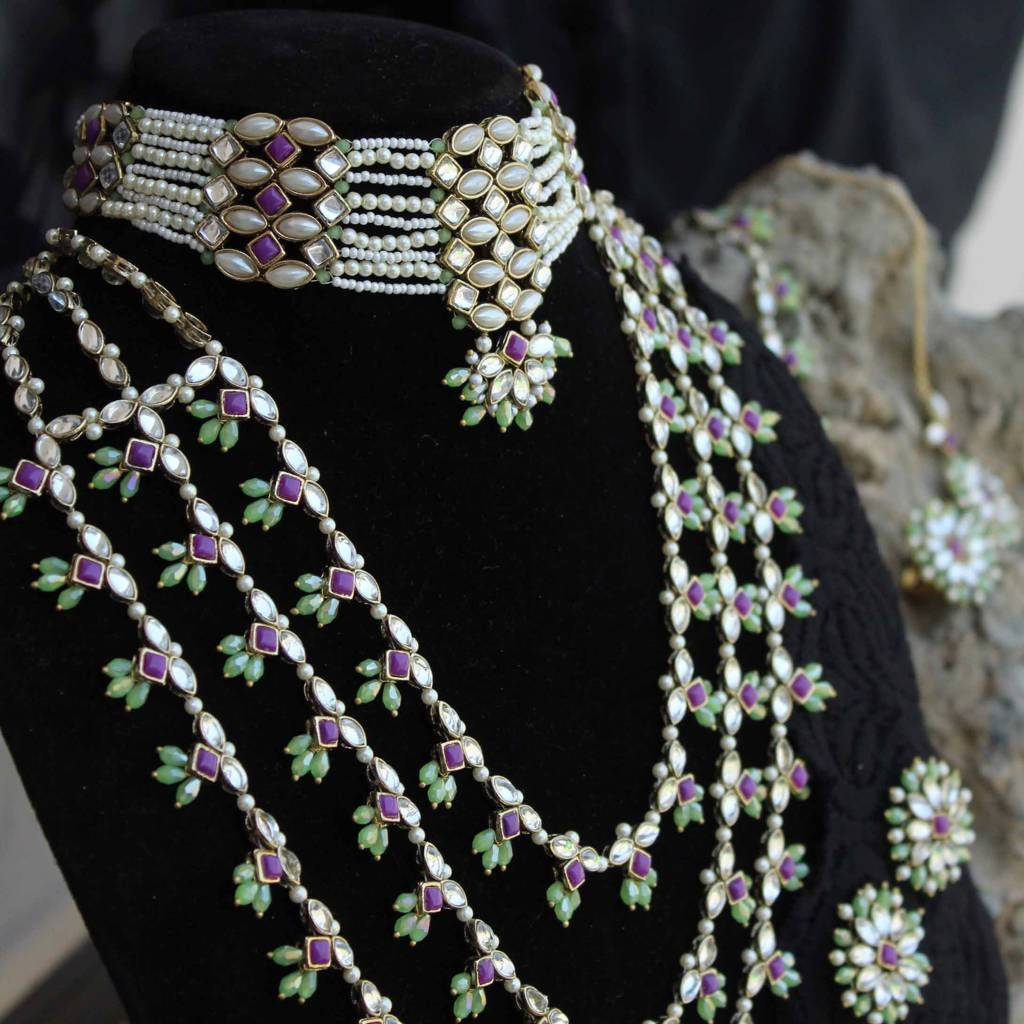 Pearl Twirl Full Set With Long Necklace, Choker, Earrings, Maangtikka, Bracelet, Ring & Waistbelt : ACFS502