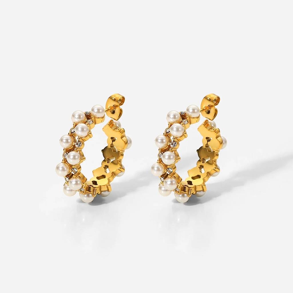 18Kt Gold Plated Pearl Cubic Zirconia Hollow Hoop Earrings, Mahi : INMAHI