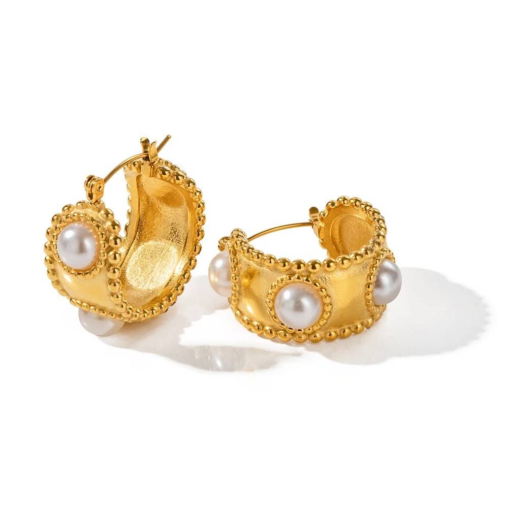 18Kt Gold Plated Matte Statement Pearl Hoop Earrings, Megha : INMEGHA