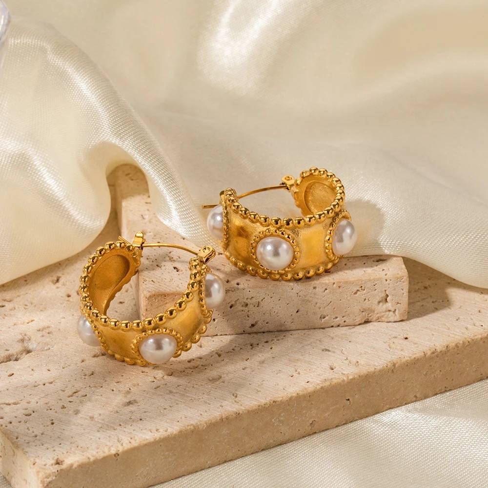 18Kt Gold Plated Matte Statement Pearl Hoop Earrings, Megha : INMEGHA