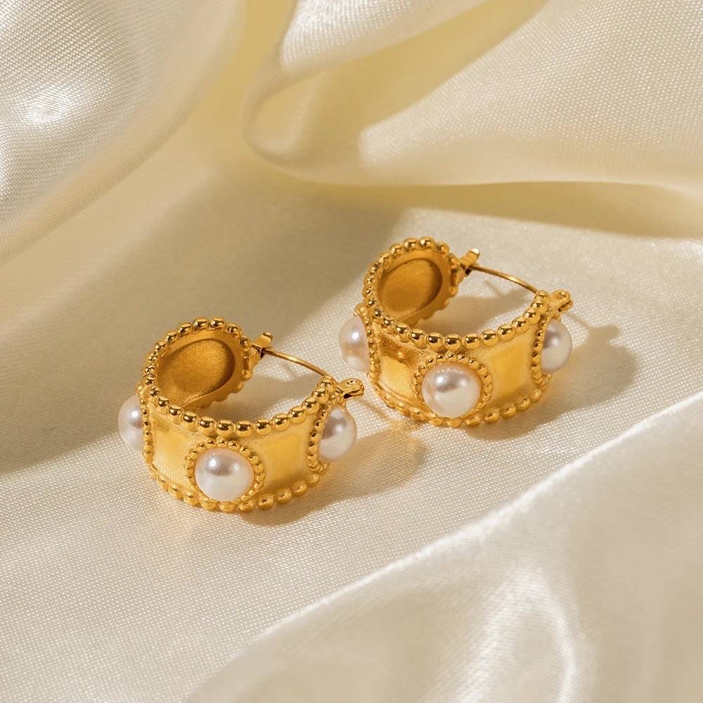 18Kt Gold Plated Matte Statement Pearl Hoop Earrings, Megha : INMEGHA