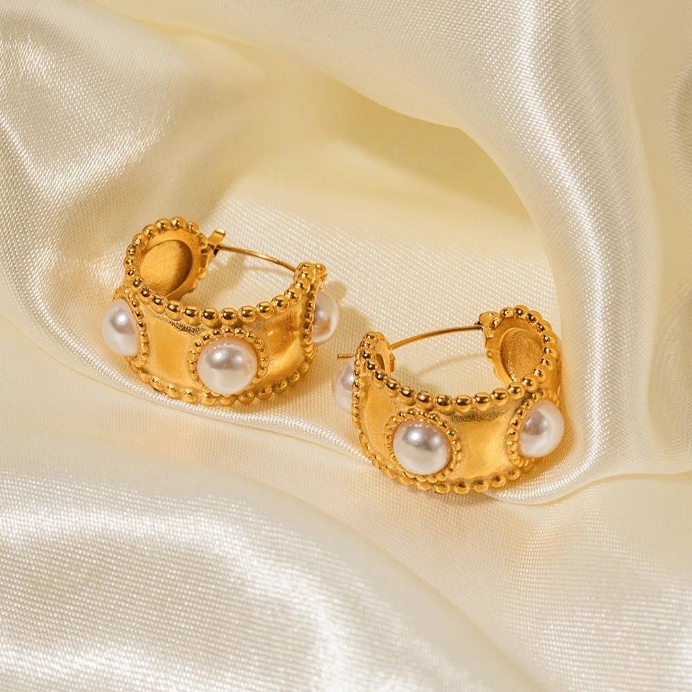 18Kt Gold Plated Matte Statement Pearl Hoop Earrings, Megha : INMEGHA